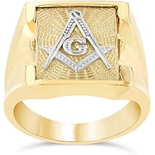 Men's Masonic Freemason Square & Compass Ring in Solid 10k Two-Tone Yellow Gold