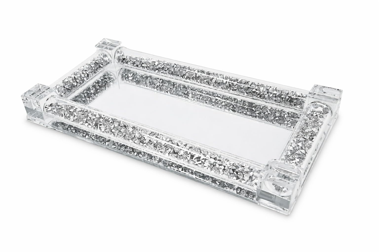 Segoy Silver Glass Mirrored Tray With Crushed Diamonds Frame - Rectangle Decorative Display Tray For Cosmetic, Perfume, Trinkets, Mug Cup Serving, 20 X 10 Cm