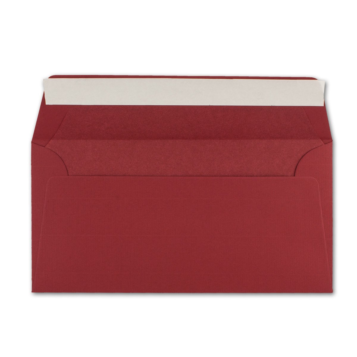 700 x koperty DIN długie 11 x 22 cm prążkowane w kolorze ciemnoczerwonym z podszewką z czerwonego papieru jedwabnego 110 g/m² samoprzylepne