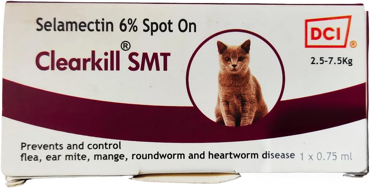 SMT Selamectin 6% Spot on for Cats Weighing Between 2.5 to 7.5 kg, Prevents Flea, Ear Mite, Mange and Heartworm Diseases, 0.75 ml