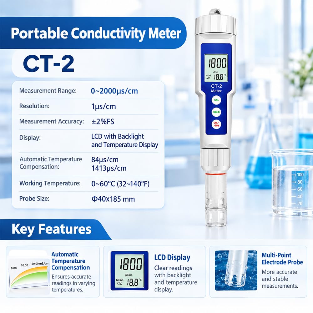 Medidor de conductividad portátil CT-2, probador EC con Pantalla de Temperatura