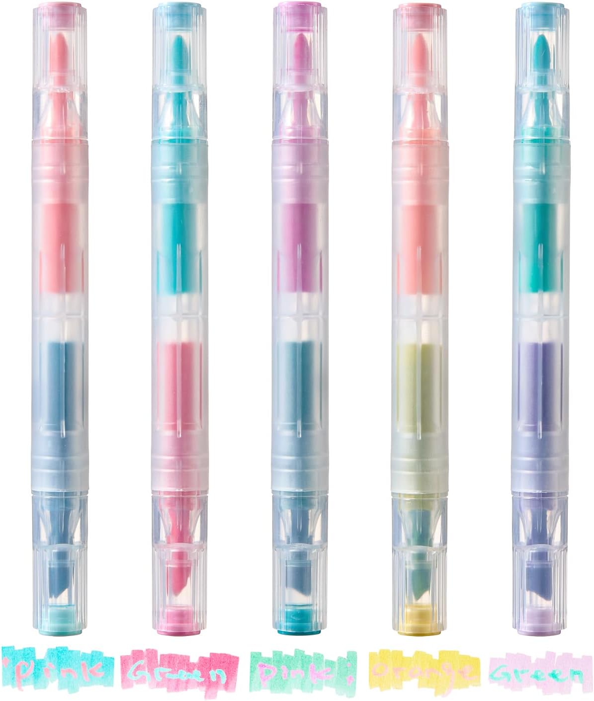 Dual-Tip Highlighter Markers Set, Double-Ended with Round and Chisel Tips, Blendable Pastel Colors for Journaling and Note-Taking (5-piece Cream Color Set)