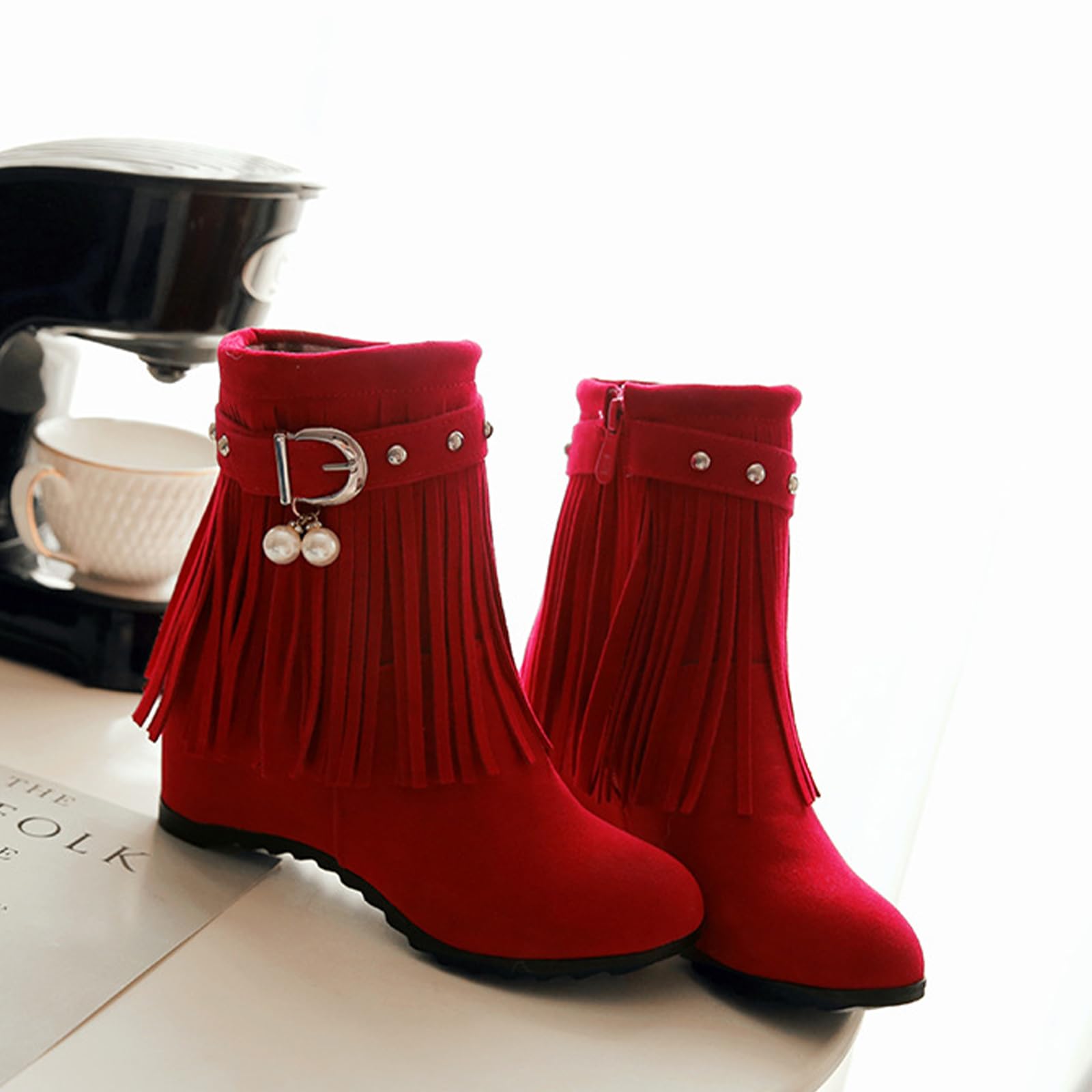 Ephirebra Women's Suede Tassel Wedge Ankle Boots Side Zipper Buckle High Top Cowgirl Boots Fashion Comfortable Non-Slip Platform Booties (red,8,8)