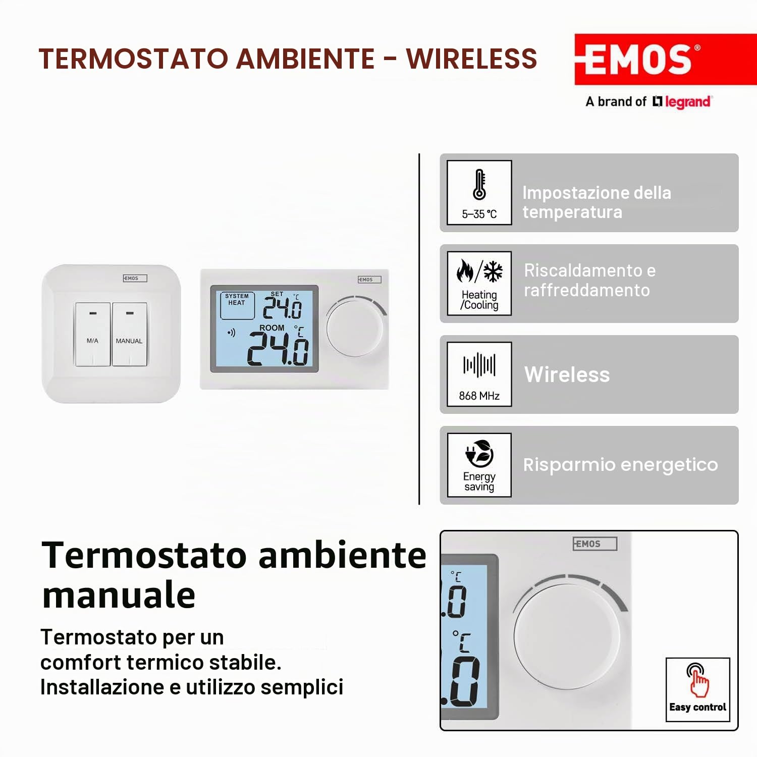 Termostato elettronico per interni senza fili per sistema di riscaldamento e raffreddamento