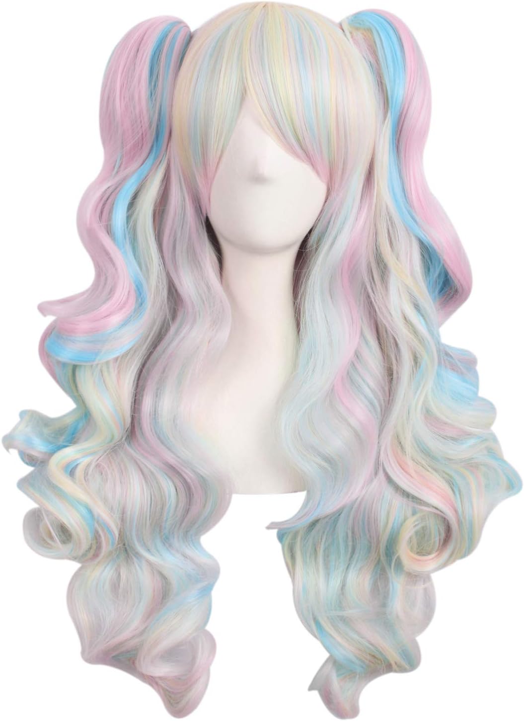 MapofBeauty Multi-color Lolita Long Curly Clip on Ponytails Cosplay Wig (Pink/Blue/Blonde)