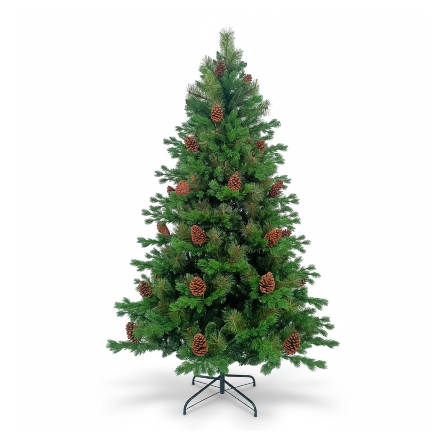DAYRON - Árbol de Navidad Artificial Verde con Ramas Abatibles y Soporte Metálico Plegable, Decorado con Piñas Naturales, Disponible en 180 y 210 cm, Montaje Rápido y Fácil de Guardar