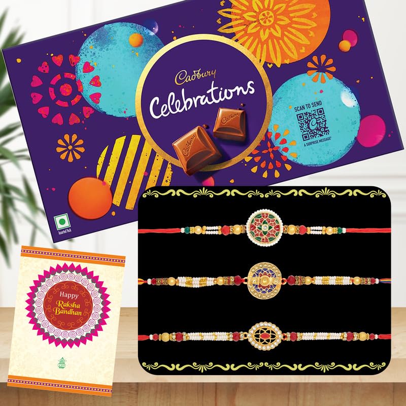 Image of Canton Rakhi With Chocolate Gift Combo, Pack of 3 Designer Rakhi For Brother With Chocolate Gift, Roli & Greeting Card (Design-15, Rakhi With Celebration)
