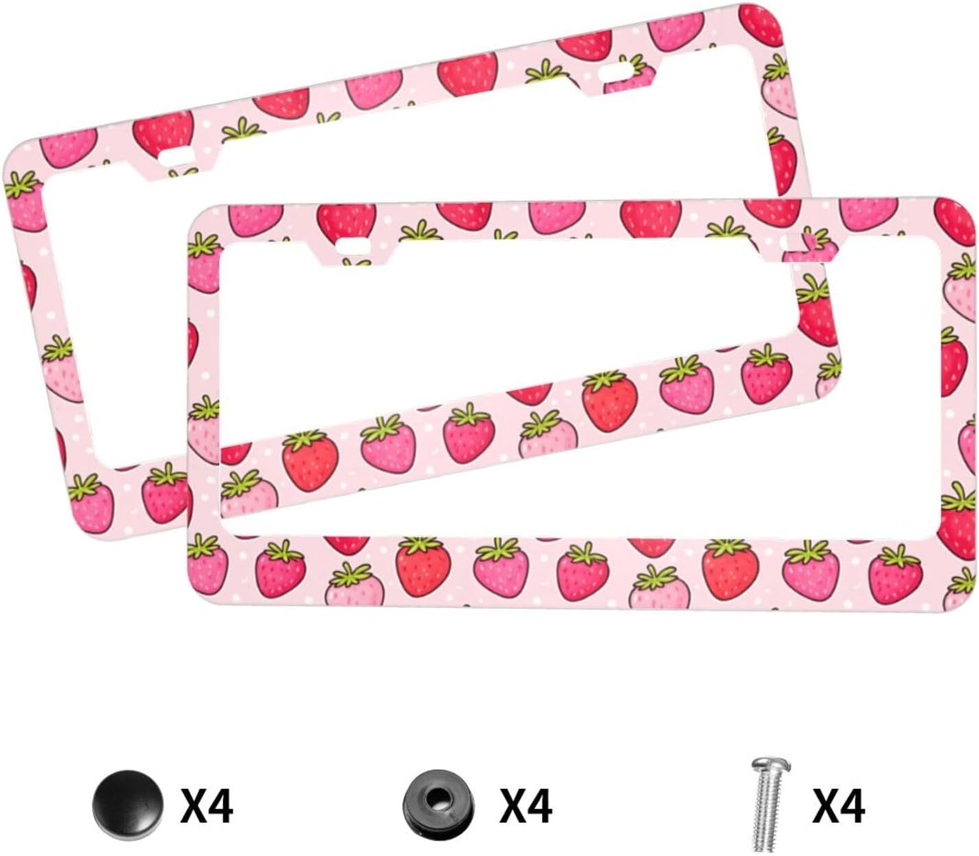 2 Pcs Pink Strawberry License Plate Frame Cute Fruit Aluminum Metal Car Plate Holder Rust-Proof Waterproof Auto Accessories for Women Girls 12x6 Inch image 3