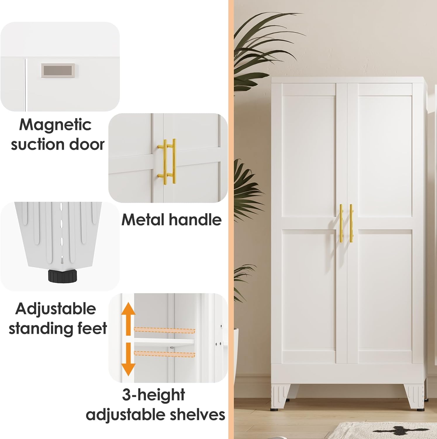 47" Kitchen Pantry Cabinet, Metal Storage Cabinet with 3 Adjustable Layer Shelves, 8 Door Shelves, Buffet Sideboard for Living Room, Kitchen, White