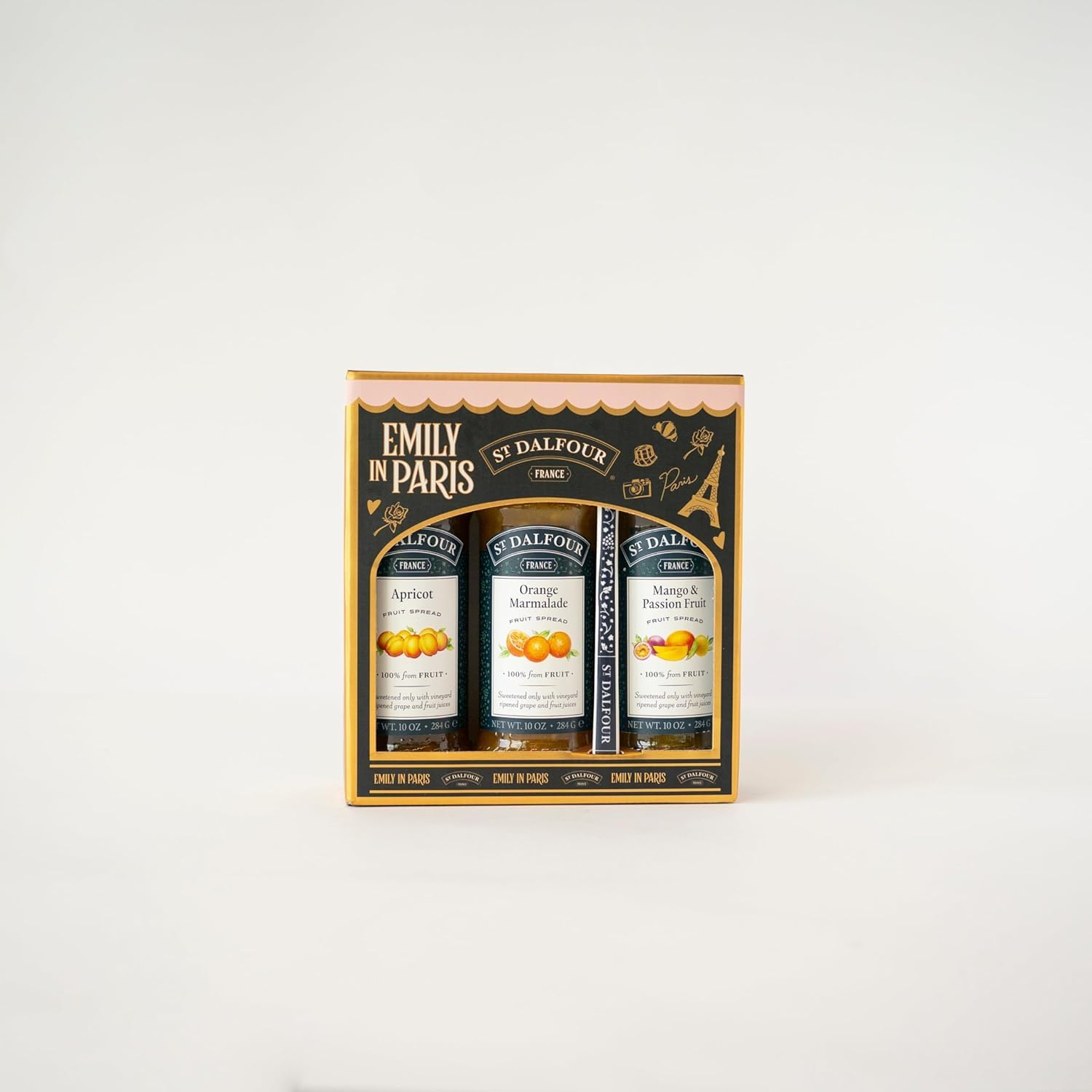 St. Dalfour Coffret Confiture – Édition Emily in Paris – 100% fruits, sans sucre ajouté, sans gluten – 3x284g (Abricot/Orange/Mangue-Passion) - 3