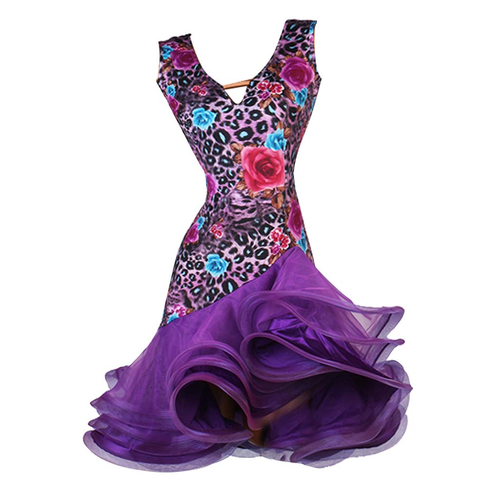 NAKOKOU Purple Leopard Latin Dance Dress Women's Training Performance Sleeveless High Spandex Tulle