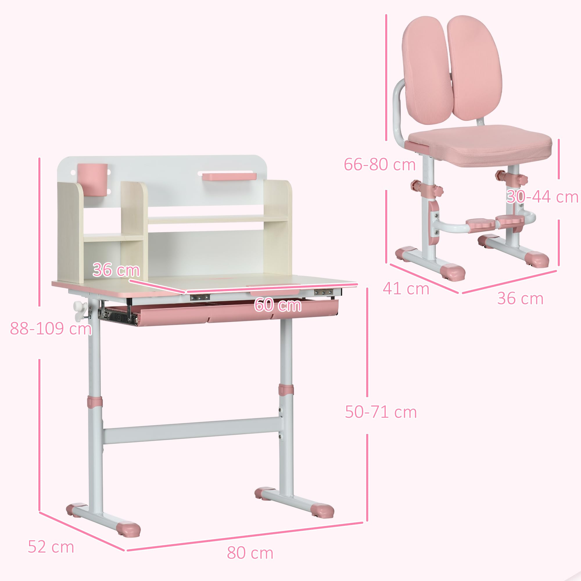 HOMCOM Juego de Escritorio y Silla para Niños de +3 Años Pupitre Infantil Altura Ajustable con 1 Cajón 1 Estante para Libros y Tablero de Mesa Inclinable 80x52x88-109 cm Rosa y Blanco