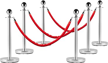 EcoExoplorer 6 PCS Stainless Steel Stanchion Post Queue 5 FT Velvet Carpet Ropes and Pole Crowd Control Barriers Grand Opening Casino Theme Party Decorations, Silver