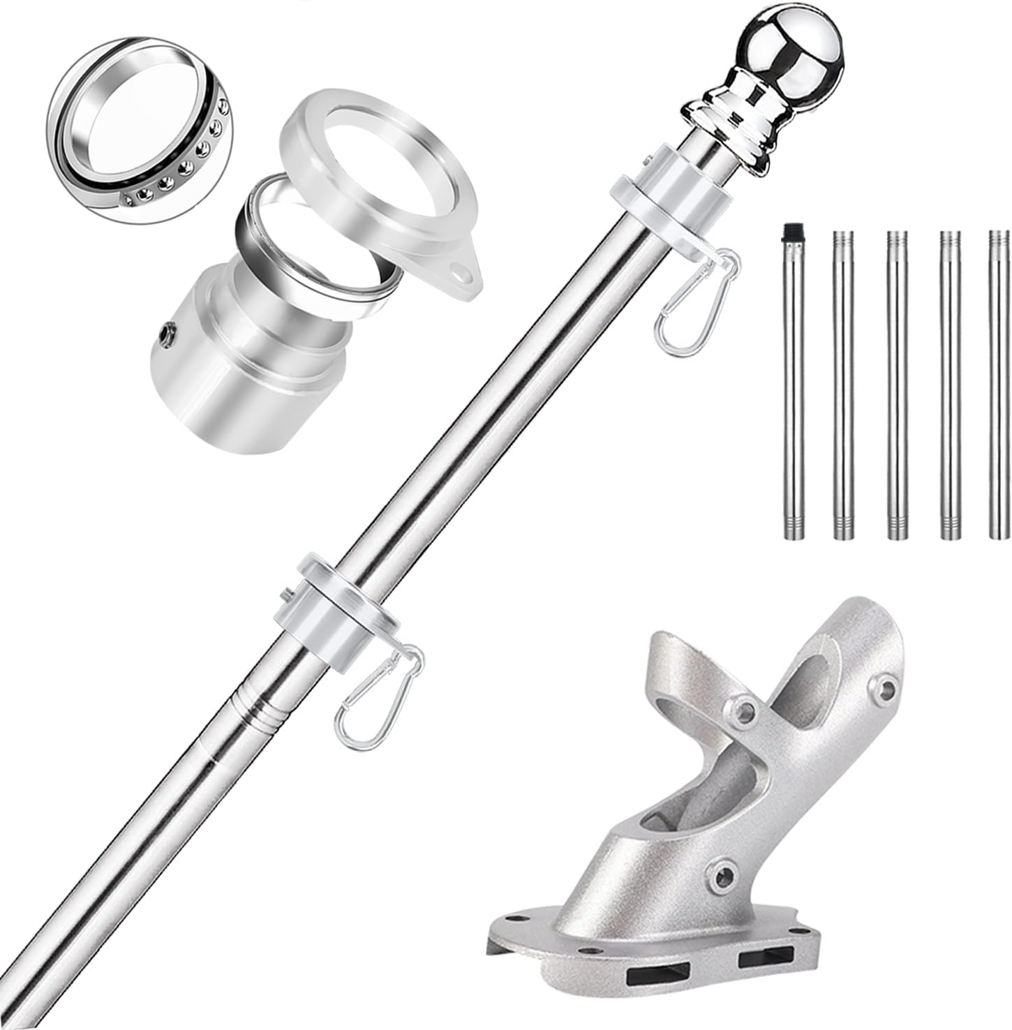 No Tangle Flag Pole Kit, 6ft Flag Pole for Outside House, Stainless Steel 1" Flagpole with Tangle Free Aluminum Flag Rings and Holder Mounting Bracket, 1 inch Flag Poles for 3x5 Flags Outdoor, 6 ft