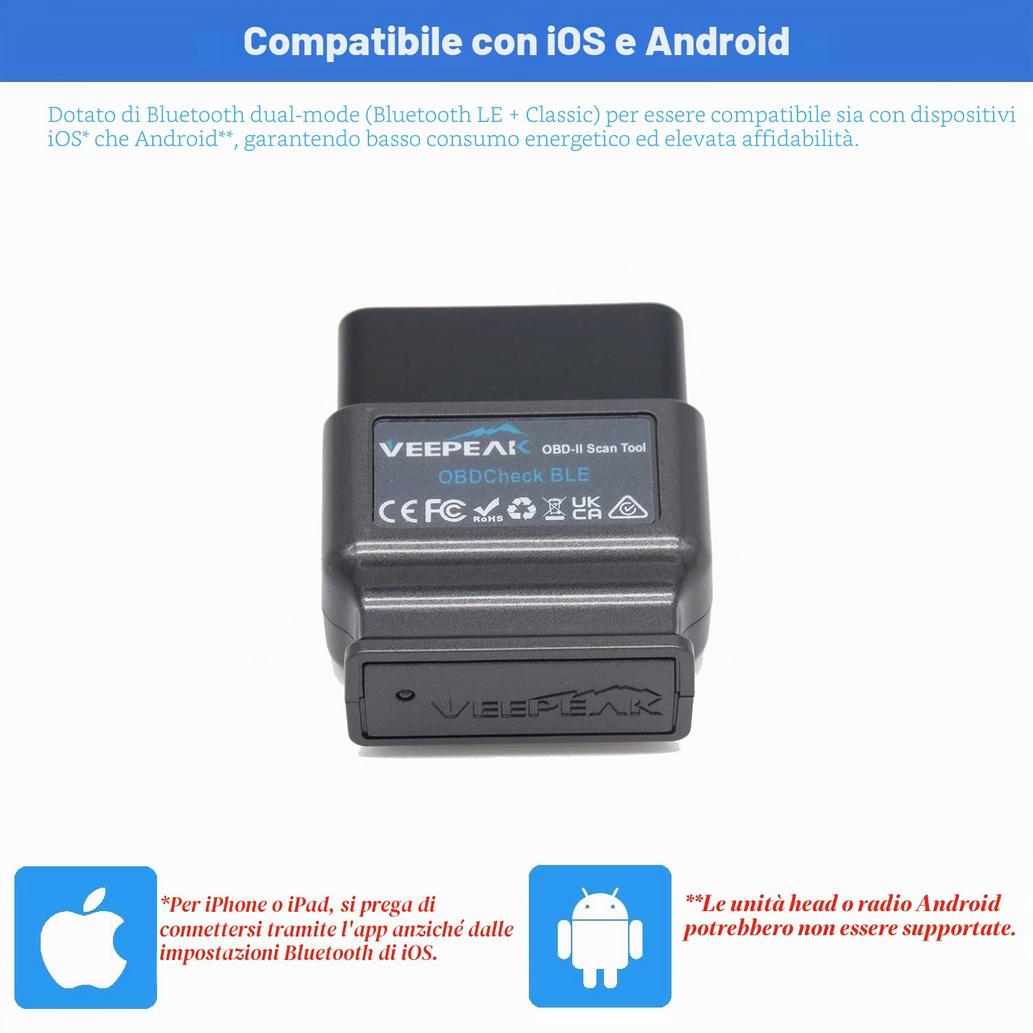 Veepeak OBDCheck BLE, Scanner OBD II/EOBD Bluetooth per Auto, Lettore Codici Spia Motore, Strumento Diagnostico Wireless per iOS e Android