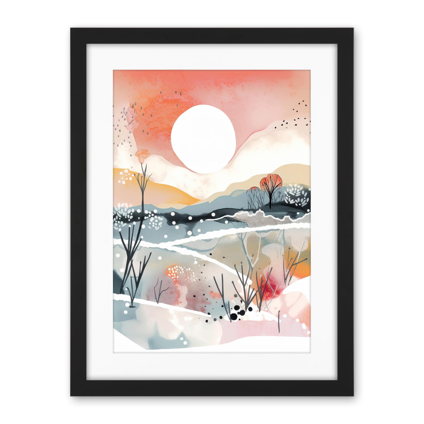 Artery8 Sunset in Winter Landscape Boho Modern Folk Art Artwork Framed Wall Art Print 18X24 Inch
