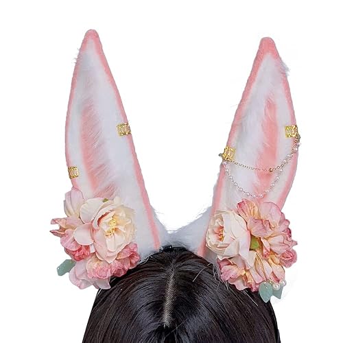 ATekatac Rabbit Ears Handmade Animal Ears Halloween Cosplay Bunny Ears Flower Headband - Chain Pink