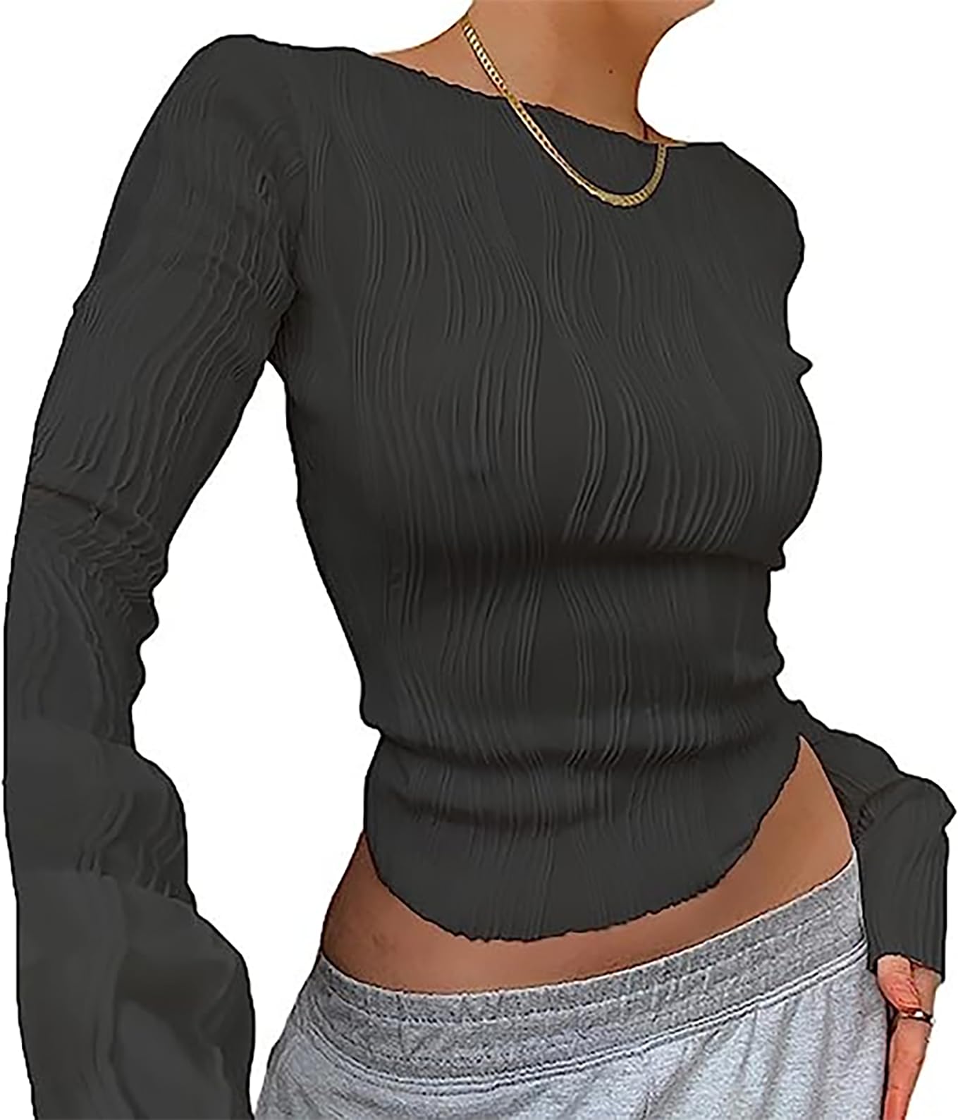 HanaoopsWomen's Long Sleeve T-Shirt Ladies Sexy Classy top Basic Tee Blouse Y2K Fashion Aesthetic Clothes Outfit Club Party Streetwear Black L