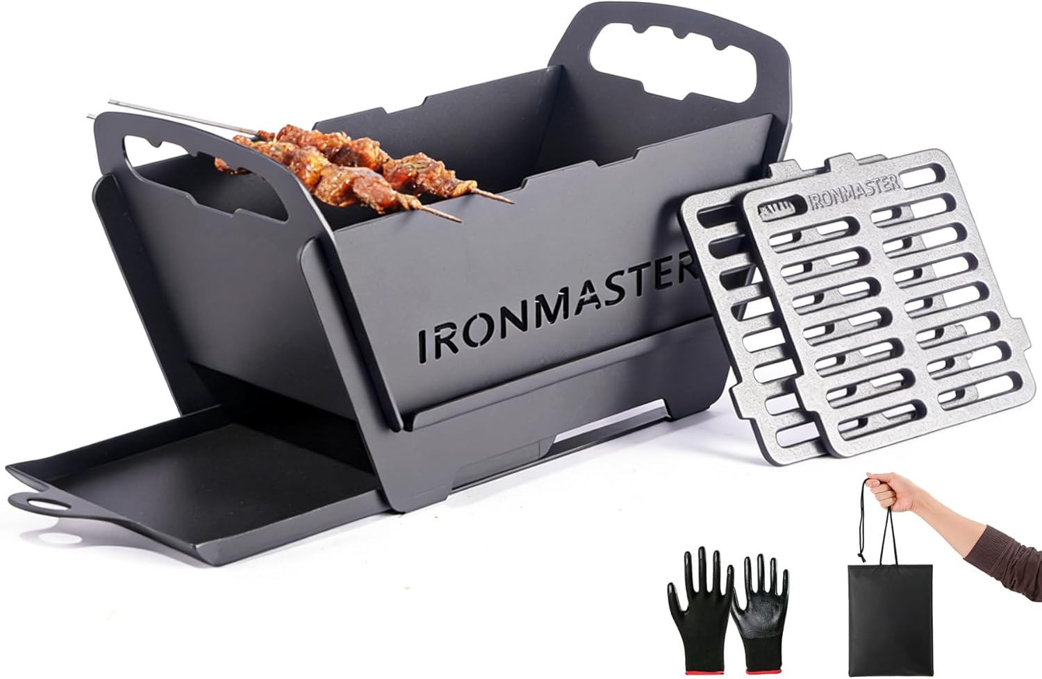 IronMaster 11.5" x 5.5" Portable Foldable Hibachi Grill - Heavy Duty & Durable Small Charcoal Grill w/Cast Iron Cooking Grate for Outdoor Camping Yakitori