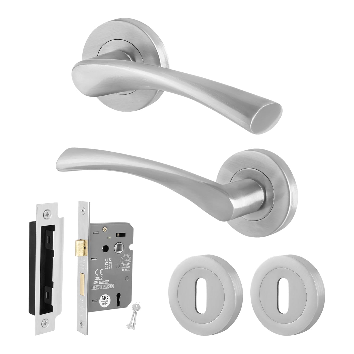 EAI Satin Door Handle Key Lock Set, 1 Pair of Internal on Rose Satin Nickel Handles and Sash Lock (64mm) - Novoli Range