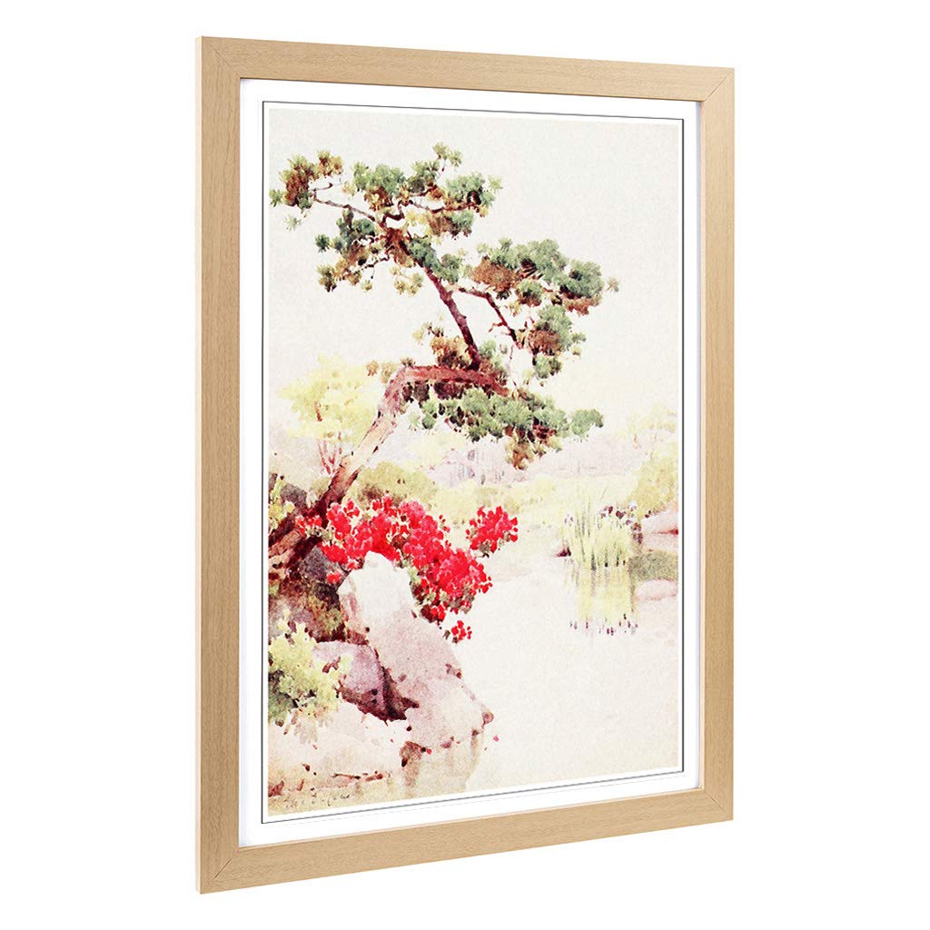Big Box Art Framed Print of Ella Du Cane Japanese Oriental Azalea & Pine-Tree n 1908 Design | Wall Art Picture| Home Decor for Living Room, Bedroom, Office, Oak, A2 / 24.5x18 Inch / 62x45cm