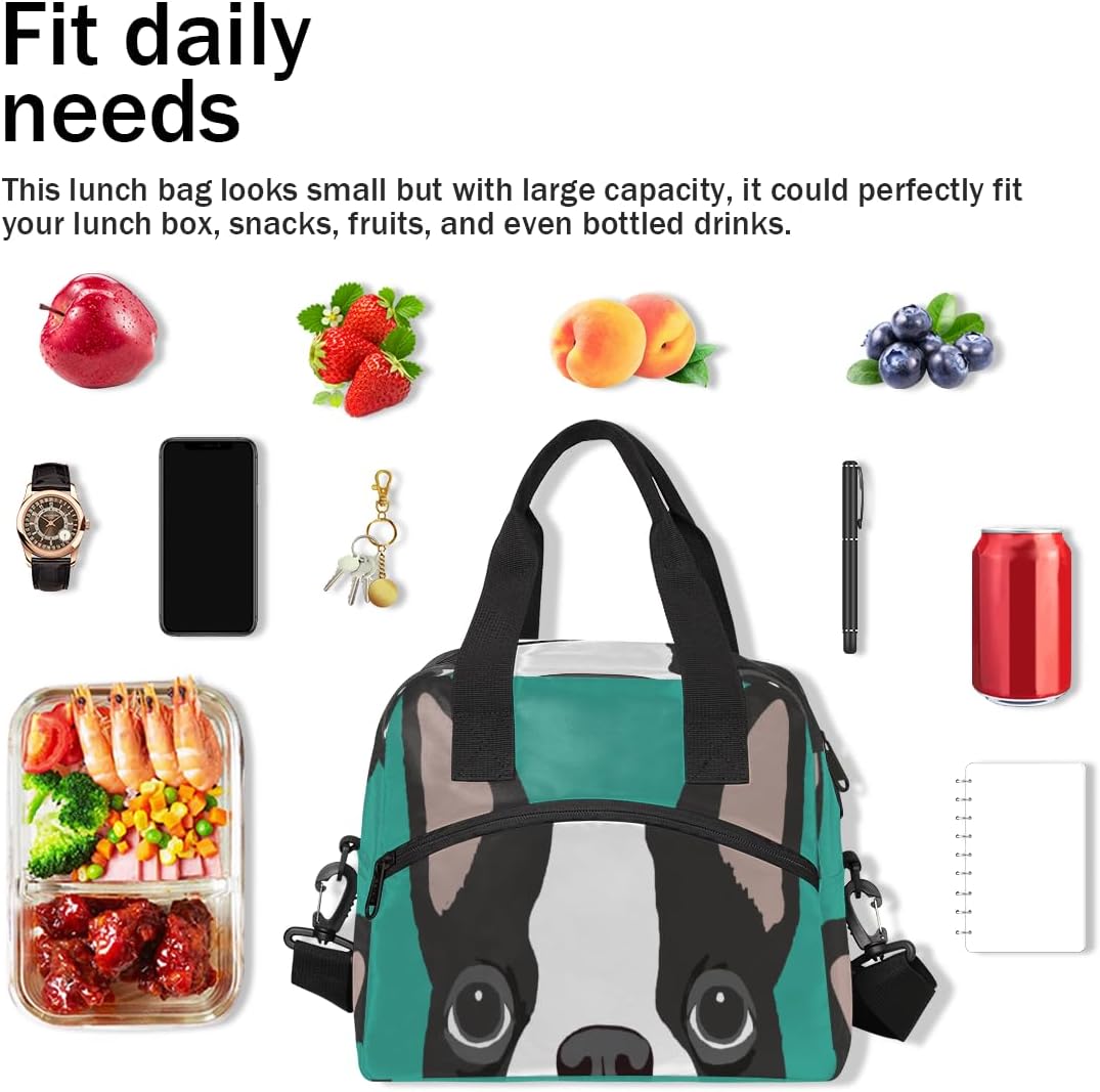 Cute Boston Terrier Dog Insulated Lunch Bag for Women Men, Reusable Lunch Box Container with Adjustable Shoulder Strap Large Leakproof Thermal Lunch Cooler Bag for Adult Work Picnic Office