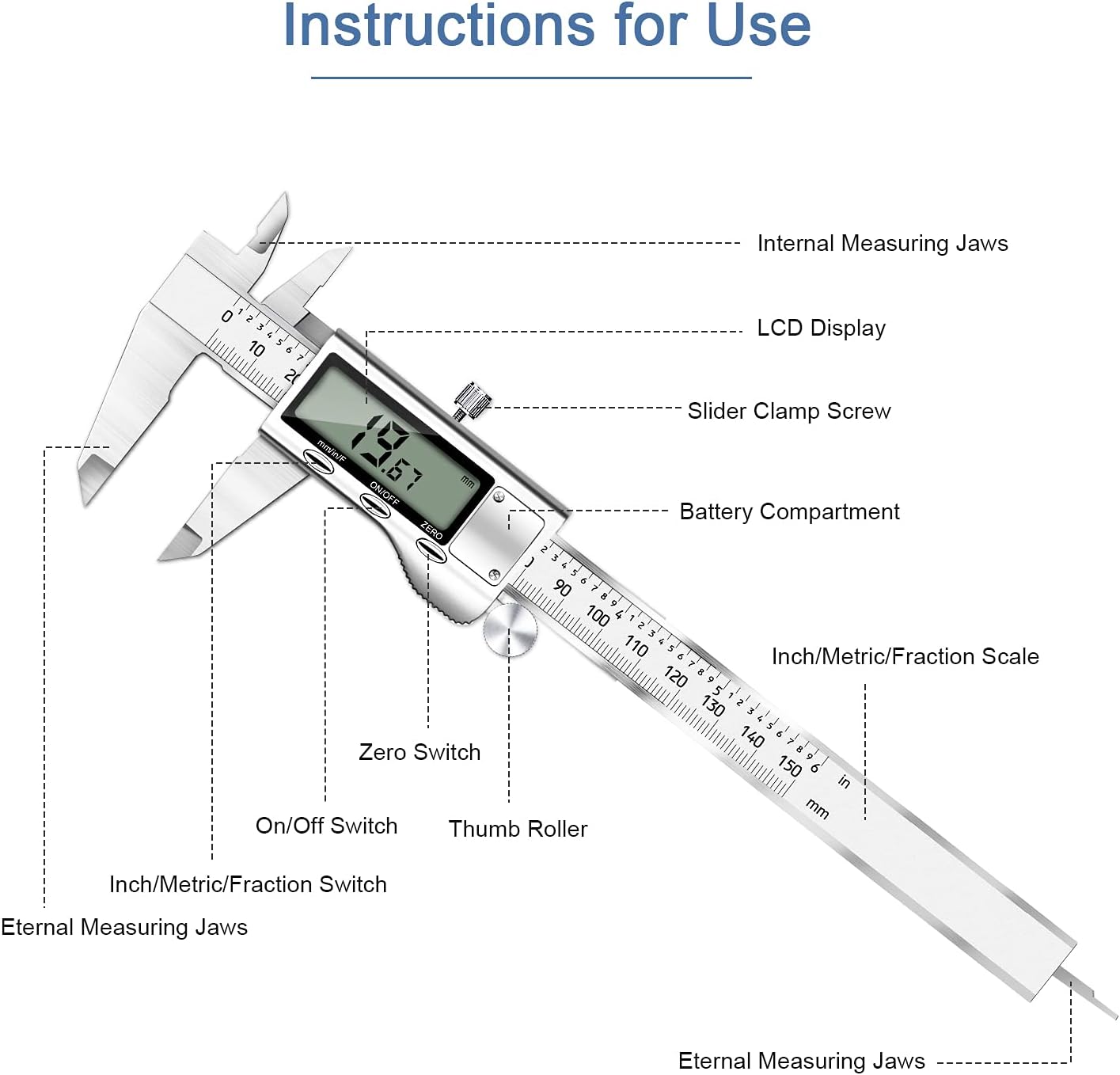 Digital Caliper Micrometer, REEXBON 6 Inch Caliper Measuring Tool, Inch/mm/Fractions Conversion, Stainless Steel Precise Vernier Calipers with Extra-Large LCD Screen