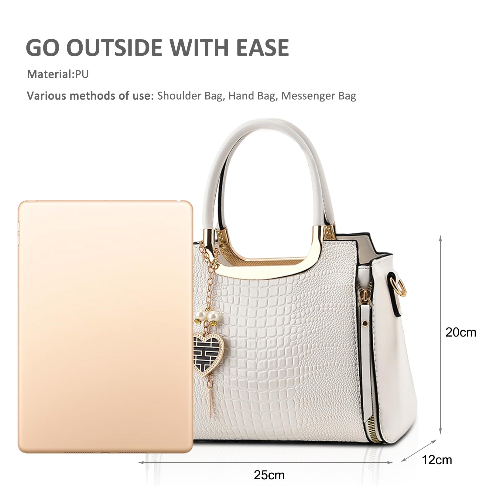 NICOLE & DORIS Sac a Main Femme Elegant Sac Bandoulière PU Cuir Sac D'épaule Crocodile Sac à Main Chic Petit Sac Cartable Bandoulière Blanc