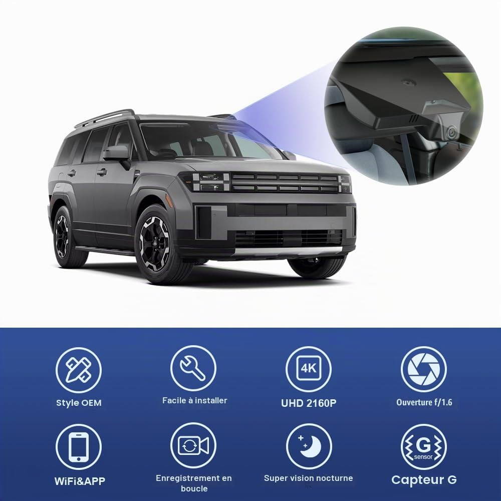 Fitcamx Dashcam 4K Compatible avec 2024-2025 Hyundai Santa Fe SE SEL Limited Calligraphy XRT, Caméra de Voiture OEM, WiFi UHD 2160P, G-Senseur, Enregistrement en Boucle, WDR, Plug & Play, Carte 64 Go