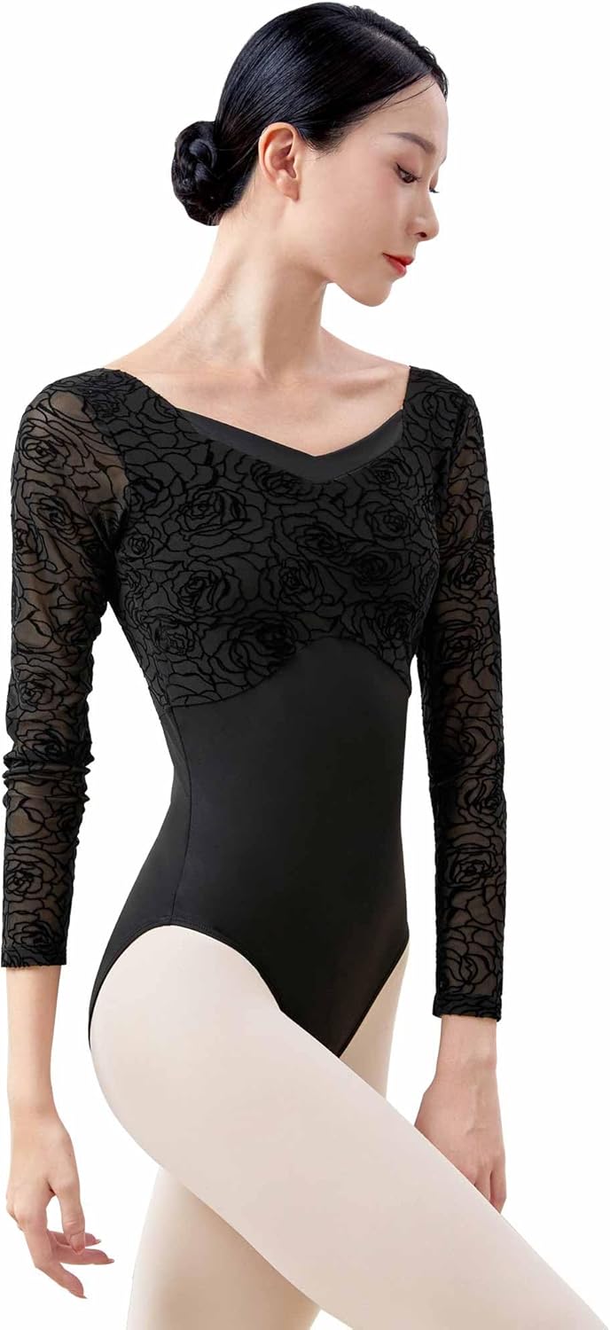 Daydance Boat Neck Ballet Leotards for Teens, Women, Lace Long Sleeve Dance Costumes