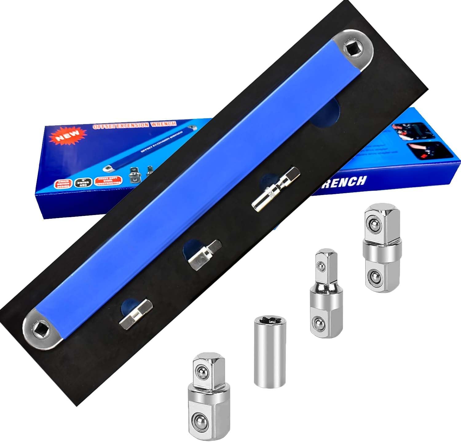 Offset Extension Wrench, Versatile 1/4" and 3/8" - with1/2 Square Drive Adapters (BLUE)