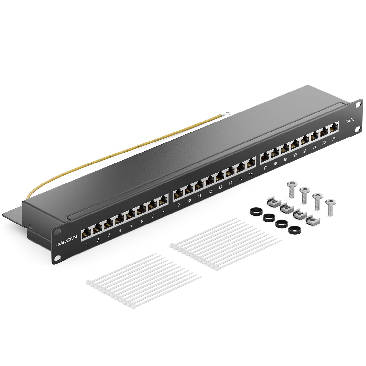 deleyCON CAT6 Patch Panel El Panel de Corrección 24 Puertos Escritorio 19" Pulgadas el Montaje en Rack Ensamblaje del Servidor 24x RJ45 Blindado TIA568A TIA568B - Negro