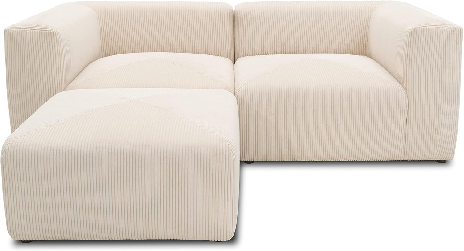 DOMO. collection Malia Canapé d'angle modulable en Velours côtelé en Forme de L composé de 2 fauteuils d'angle et 1 Tabouret rembourré, canapé modulaire, 3 éléments rembourrés, canapé d'angle, 216 x