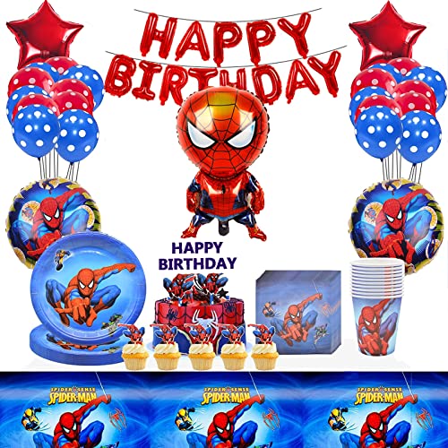 Lemotoy Vaisselle de fête d'anniversaire, Decoration Anniversaire Spiderman, Anniversaire Spiderman Ballons, Décorations de Gâteau, décoration de fête d'anniversaire d'enfant (77pcs) Cover
