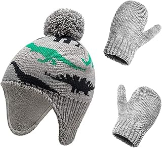 iNszkoos Baby,Clothing,Baby Boys 0-24m,Accessories,Hats & Caps iNszkoos Unisex Newborn Winter Cute Cartoon Dinosaur Beanie Hat Gloves Set for Baby Girls Boys 1-5Y, Infant Toddler Fleece Lining Warm Knitted Earflaps Cap Glove, Kid Hats and Mitten Set