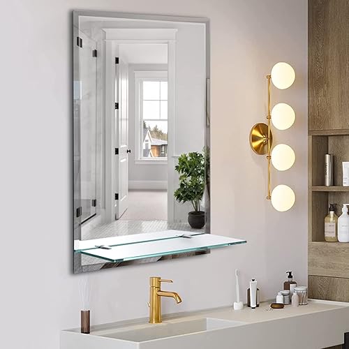 16"x24" Frameless Bathroom Mirror with Shelf, Rectangle Wall Mount Mirror for Vanity Includes Shelves