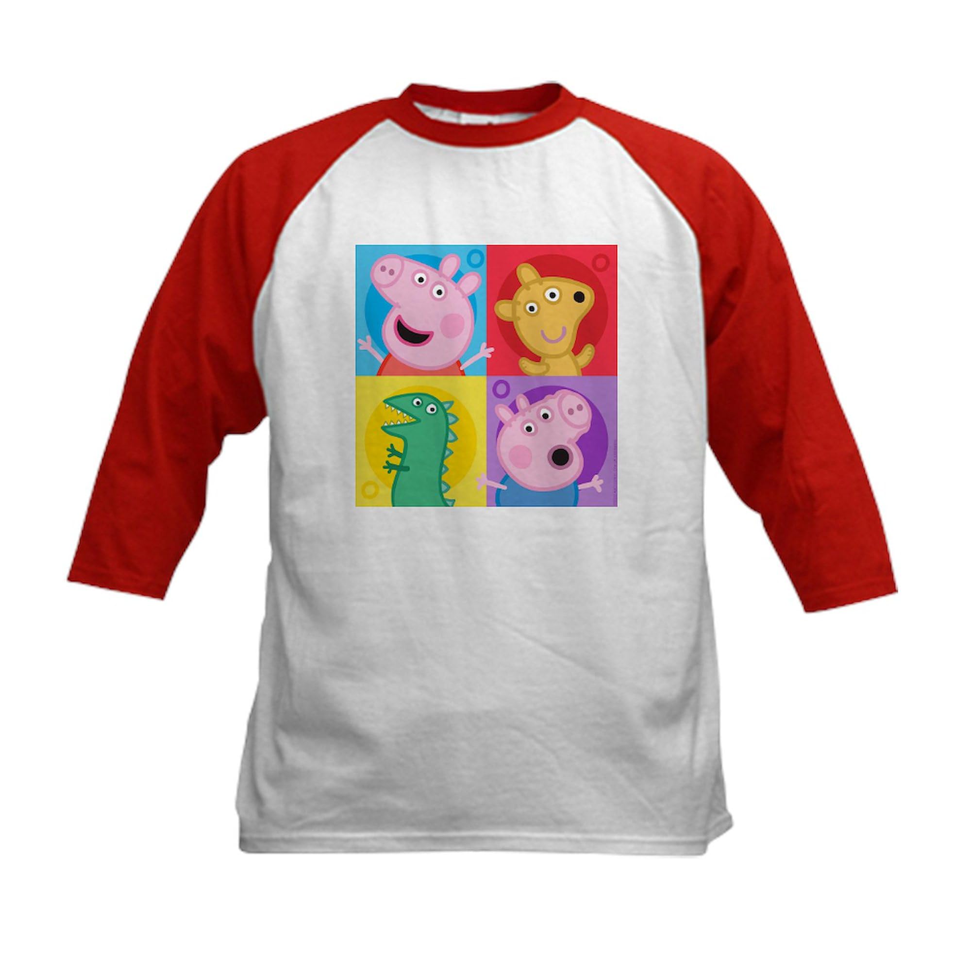 CafePress Peppa Pig and Friends Square Baseball Jersey Kids Cotton Baseball Jersey, 3/4 Raglan Sleeve Shirt Red/White