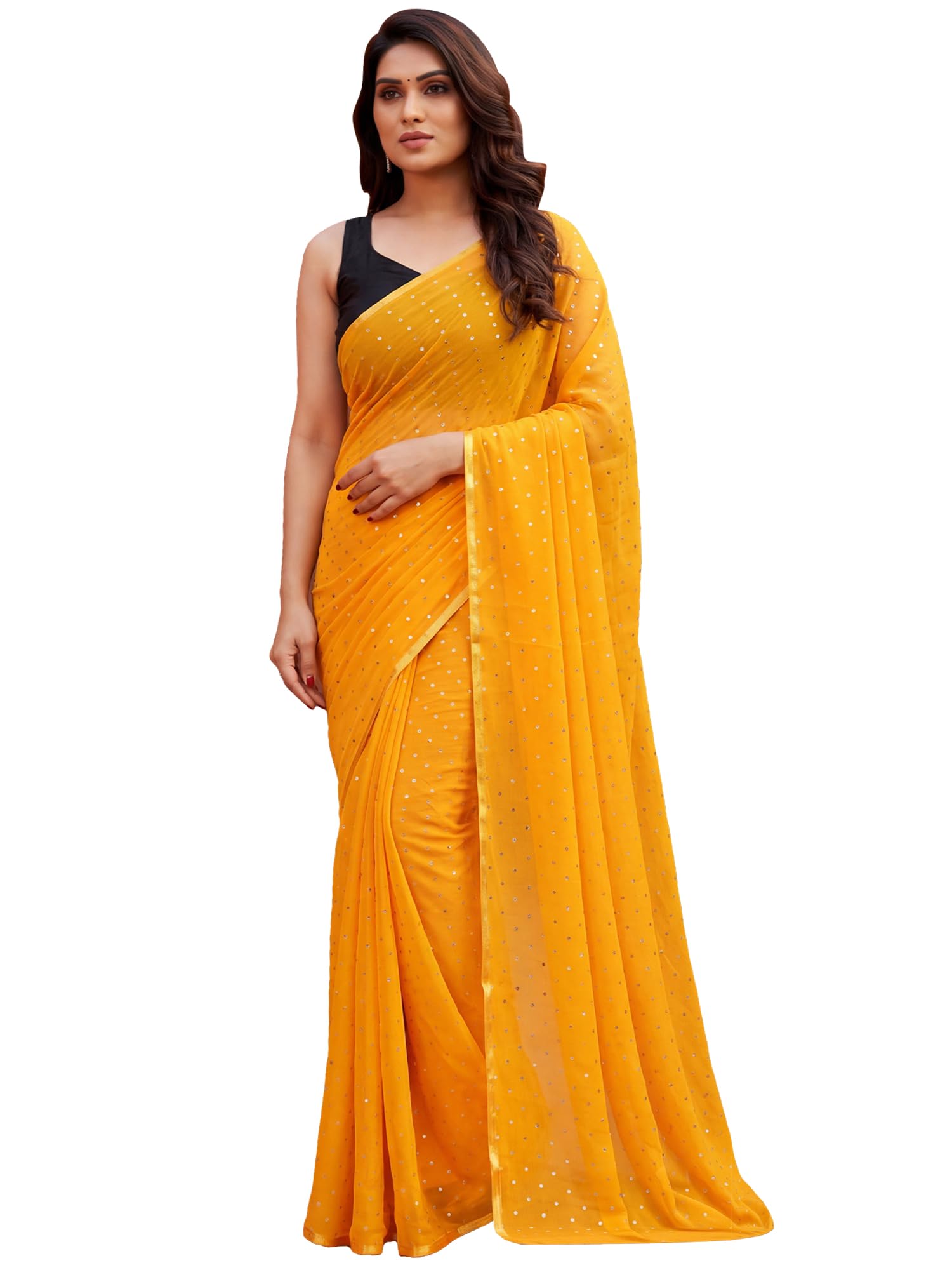 Women's Yellow Chiffon Embellished Saree With Unstitched Blouse Piece (TIKA4001_AI2)-image-22