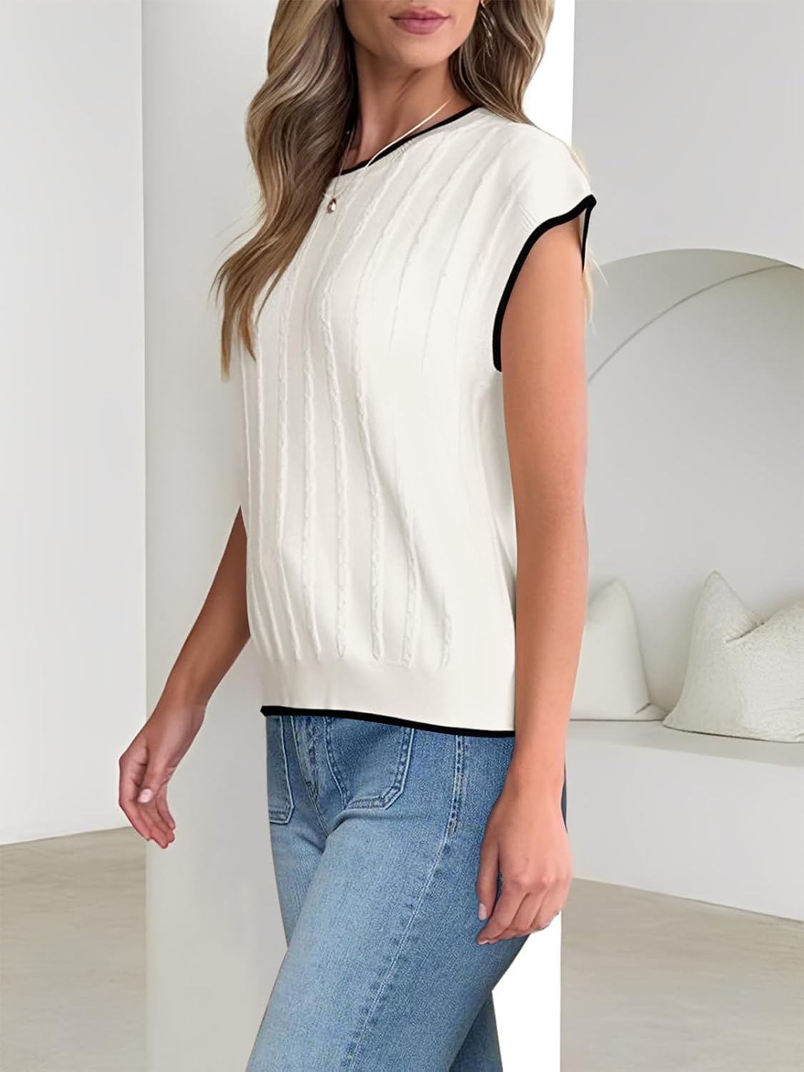 BeautyNee Sweater Vest for Women Crewneck Sleeveless Vest Tops Color Block Ribbed Summer Knit Tank Tops