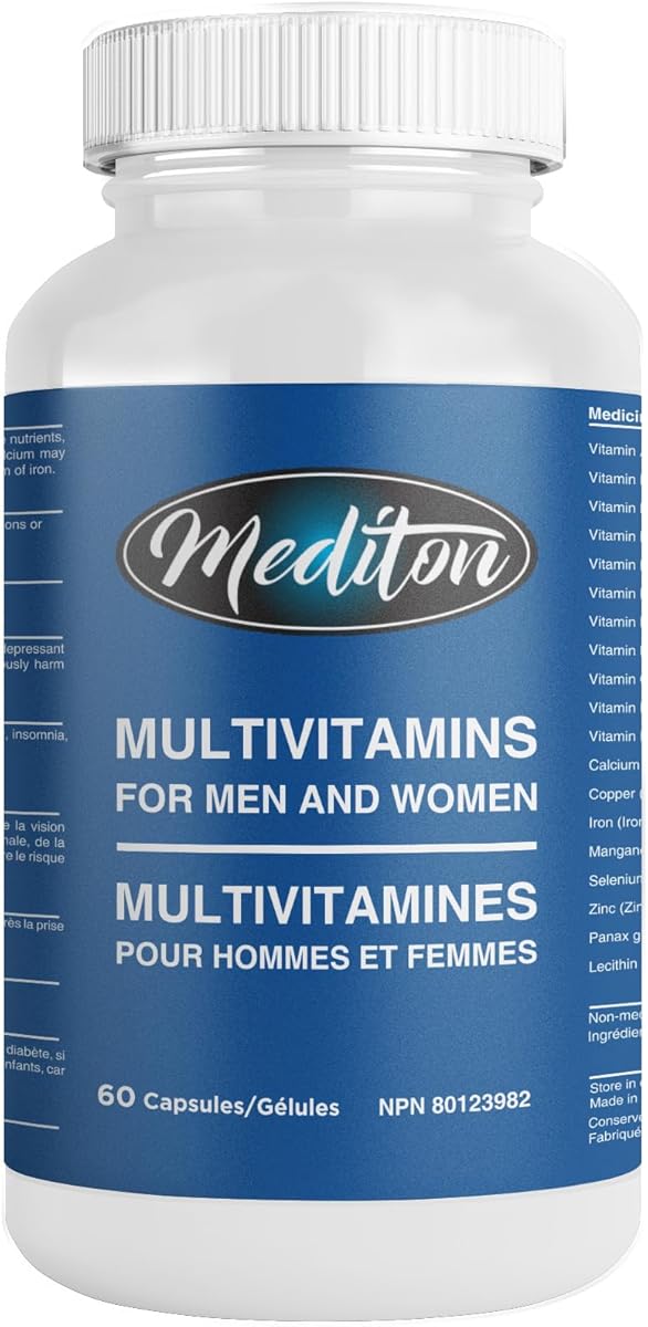 MEDITON Multivitamins for Men and Women, 60 Capsules, with Panax Ginseng and Essential Vitamins, Daily Supplement, Made in Canada