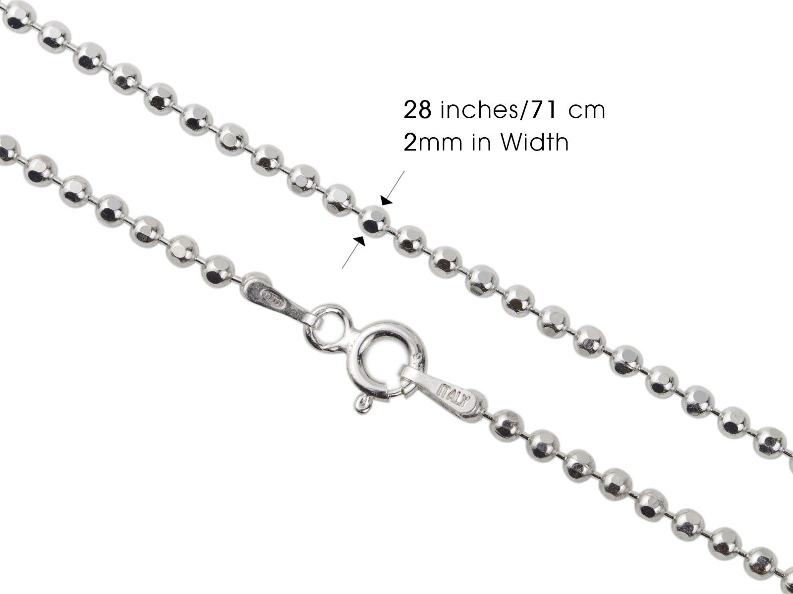 AKA Gioielli® - Cadena de Bolas 2 mm Plata De Ley Esterlina 925 Rodio - Collar Fina Mujer Hombre Longitud: 45 50 55 60 65 70 75 cm