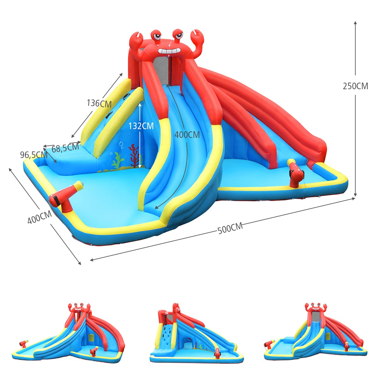 COSTWAY Tobogán Acuático Hinchable, Casa Inflable con Forma de Cangrejo con Pared para Escalar, Piscina e Hidrante, Bolsa de Transporte, Kit de Reparación, Manguera (con Soplador de 480 W)