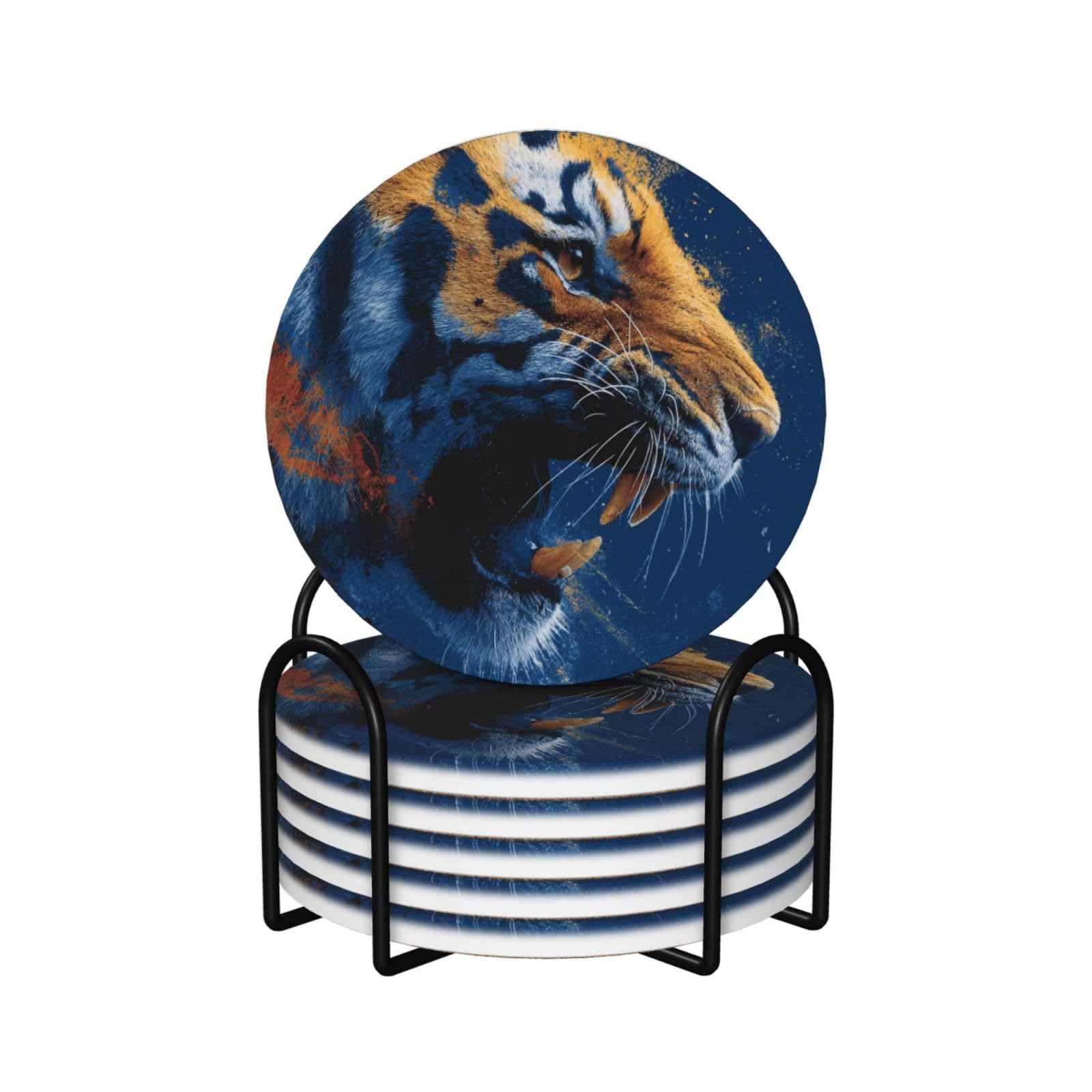 Aggressive Roaring Tiger Head On Blue Ceramic Coasters with Holder 6ps