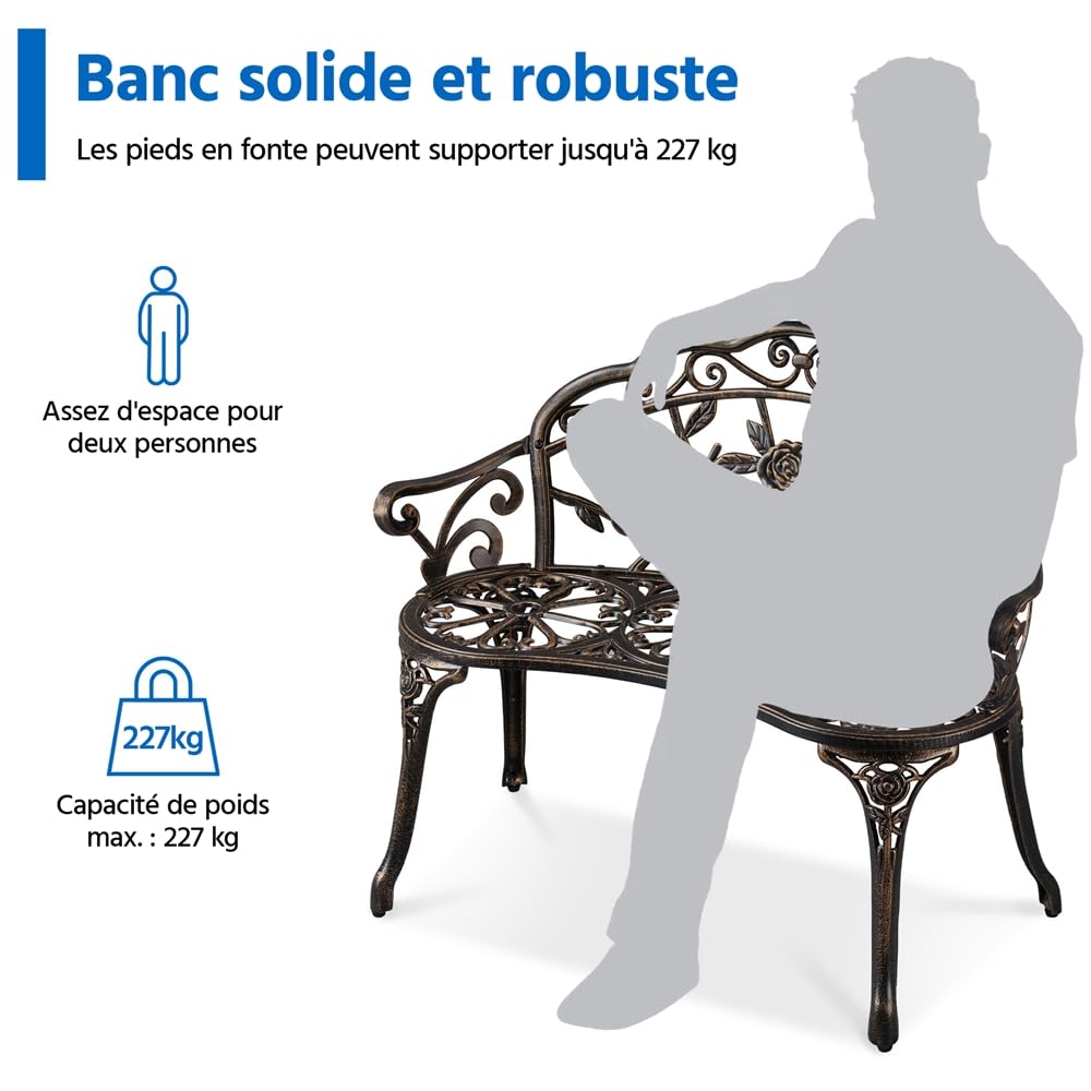 Yaheetech Banc de Jardin Extérieur Mobilier de Jardin en Aluminium Siège de Parc Bronze Vintage avec Dossier 99,5 x 57 x 78,5cm