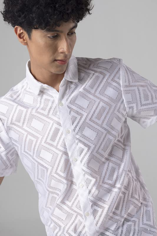 Image of SNITCH Hawaiian Hakoba Rectangle White Shirt Slim Fit Shirt
