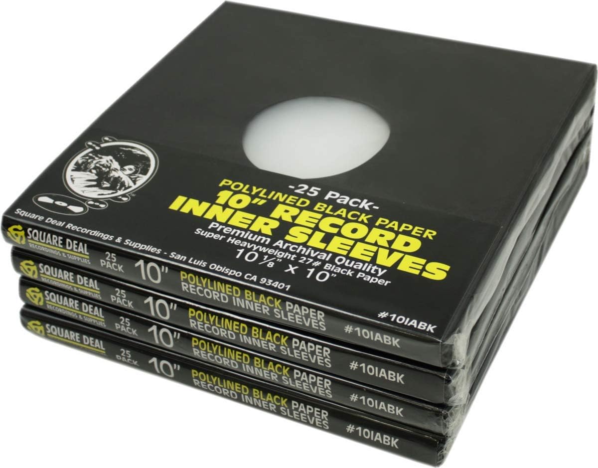 10" Polylined Black Paper Record Inner Sleeves with Hole - Super Heavyweight, Archival Quality, Acid Free - 10IABK (100)