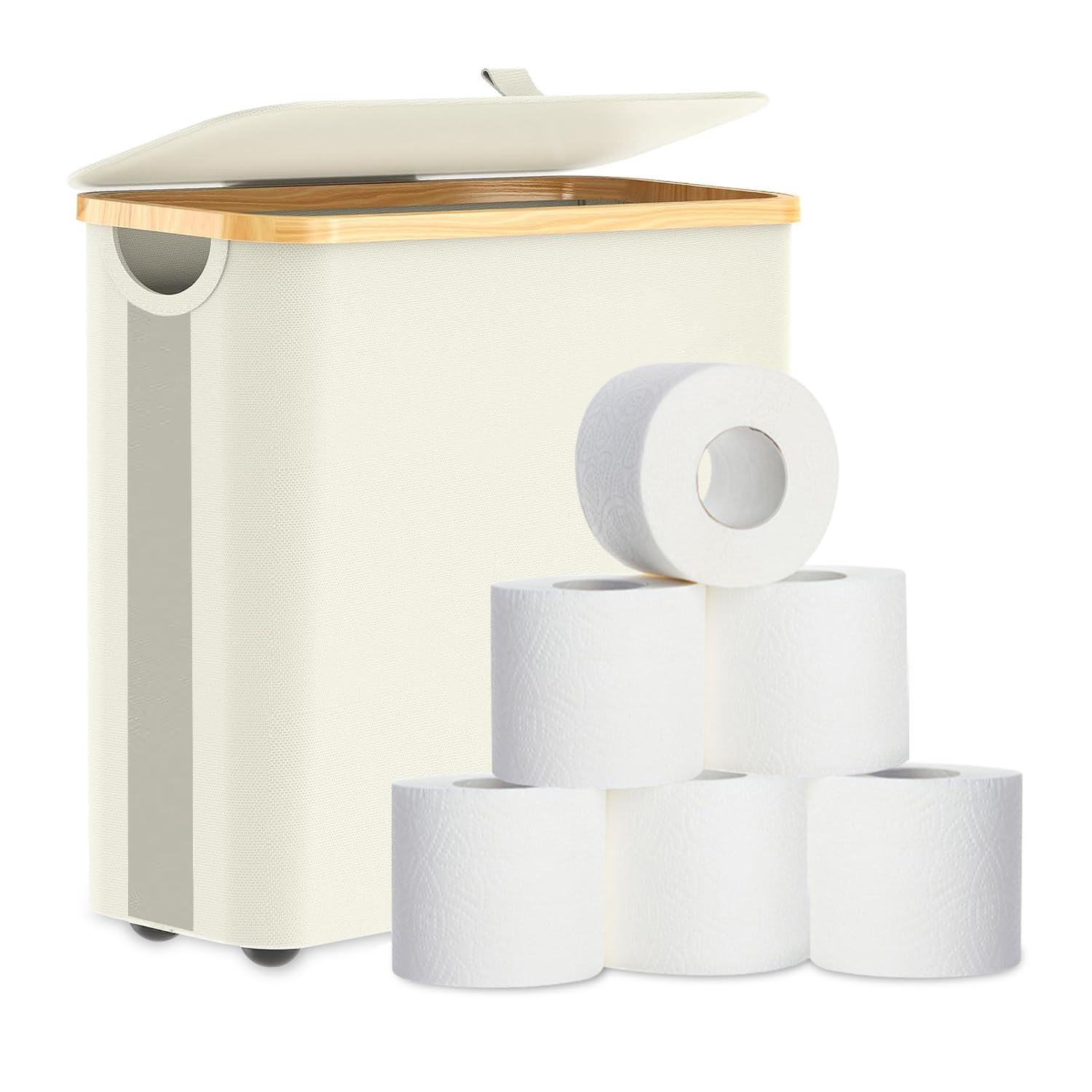 LENND Toilet Paper Organizer and Storage, Bamboo Toilet Roll Storage Basket with Lid, Free Standing Toilet Paper Holder Tissue Bin Toilet Container, Bathroom Accessories Organizer Stand.