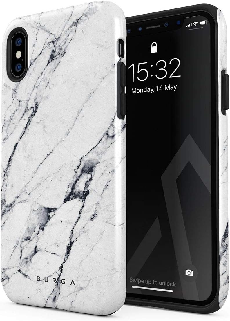 BURGA Phone Case Compatible with iPhone X/XS - Hybrid 2-Layer Hard Shell + Silicone Protective Case -Satin White Marble - Scratch-Resistant Shockproof Cover