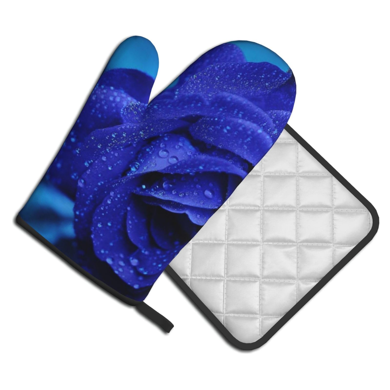 Oven Mitts and Pot Holders Set of 2 Pcs, blue rose blooms Printed Heat Resistant Kitchen Gloves Potholders for Cooking Baking Grilling