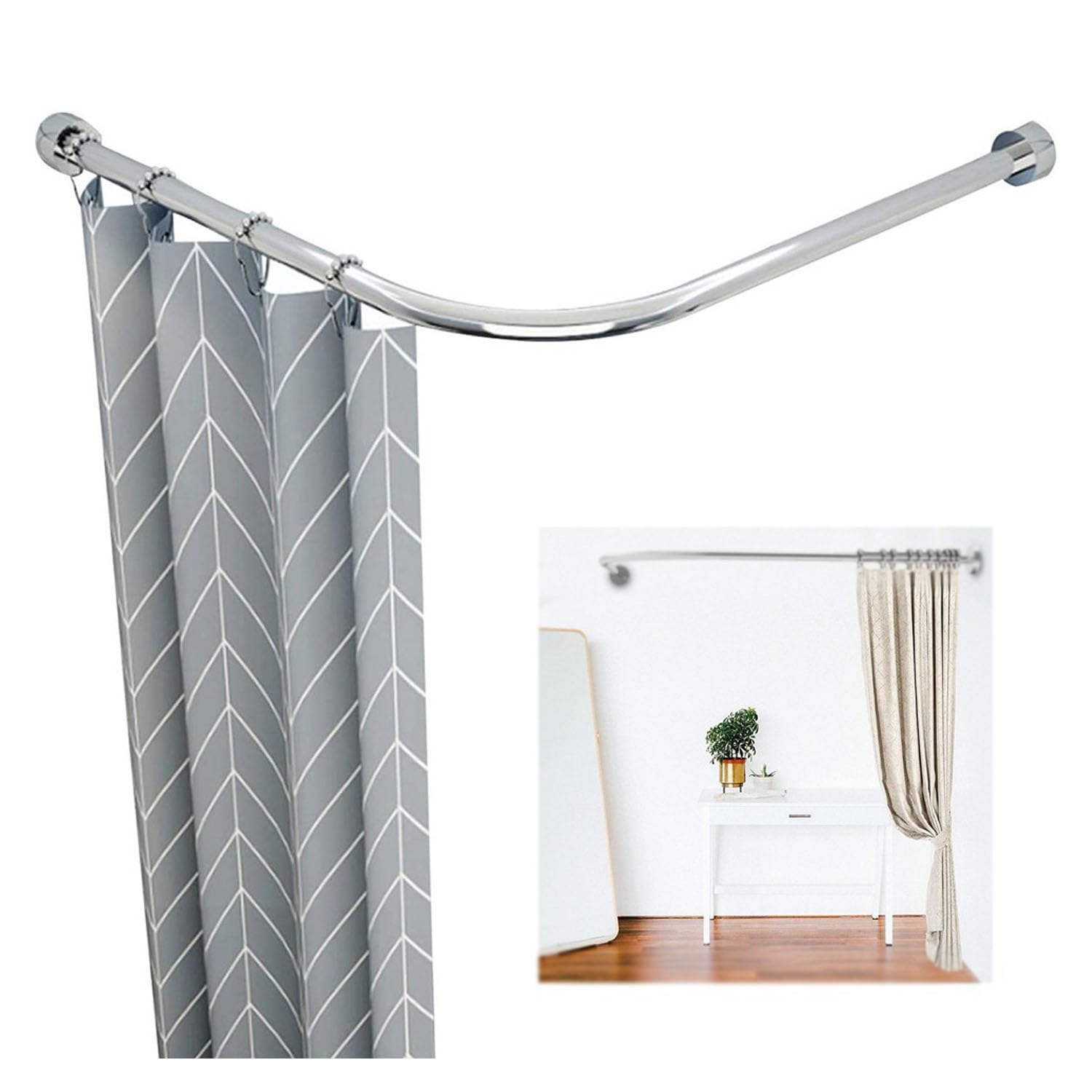 GLDYTVF Adjustable L-Shape Shower Curtain Rod - Stainless Steel No-Drill Tension Rail for Bathroom Kitchen Closet Telescopic Design Fits 90-130cm x 90-130cm Spaces